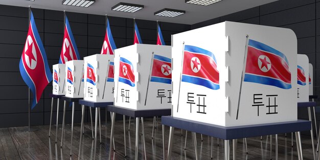 Mesa electoral de Corea del Norte con muchas cabinas de votación concepto electoral ilustración 3D