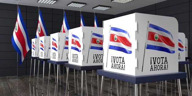 Mesa electoral de Costa Rica con muchas cabinas de votación concepto electoral ilustración 3D