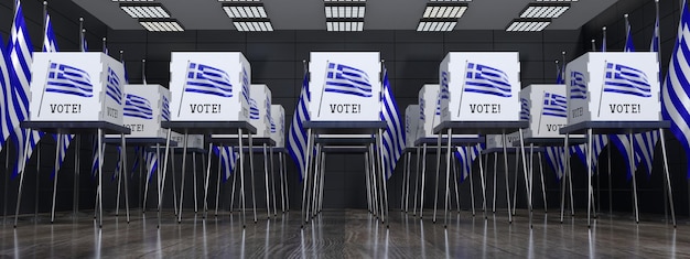 Mesa electoral de Grecia con muchas cabinas de votación concepto electoral ilustración 3D