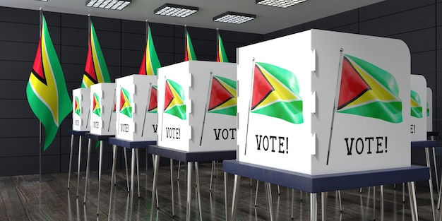 Mesa electoral de Guyana con muchas cabinas de votación concepto electoral ilustración 3D