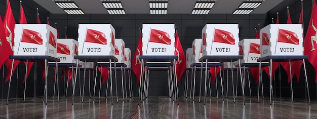 Mesa electoral de la Isla de Man con muchas cabinas de votación concepto electoral ilustración 3D