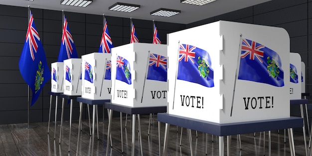 Mesa electoral de las Islas Pitcairn con muchas cabinas de votación concepto electoral ilustración 3D