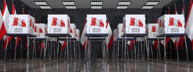 Mesa electoral de Perú con muchas cabinas de votación concepto electoral ilustración 3D