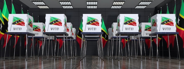 Mesa electoral de Saint Kitts y Nevis con muchas cabinas de votación concepto electoral ilustración 3D