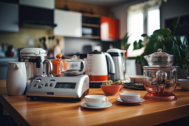 Mesa con electrodomésticos y electrodomésticos de cocina dispuestos encima con un fondo borroso