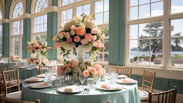 Mesa elegante com flores e talheres em um restaurante