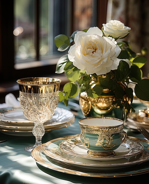 Mesa elegante com louças de porcelana, vasos de cristal e flores em tons brancos