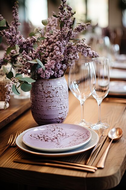 Mesa elegante com louças de porcelana, vasos de cristal e flores em tons de lavanda