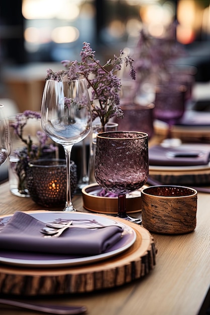 Mesa elegante com louças de porcelana, vasos de cristal e flores em tons de lavanda