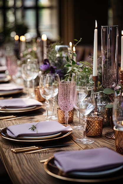 Mesa elegante com louças de porcelana, vasos de cristal e flores em tons de lavanda