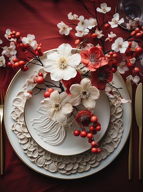 Mesa elegante com pratos de porcelana copos de cristal vasos e flores em tons brancos