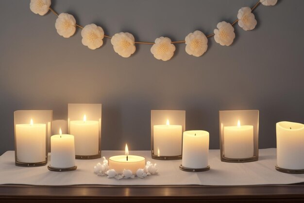 Foto mesa elegante con flores de algodón y velas aromáticas cerca de la pared de luz banner para el diseño