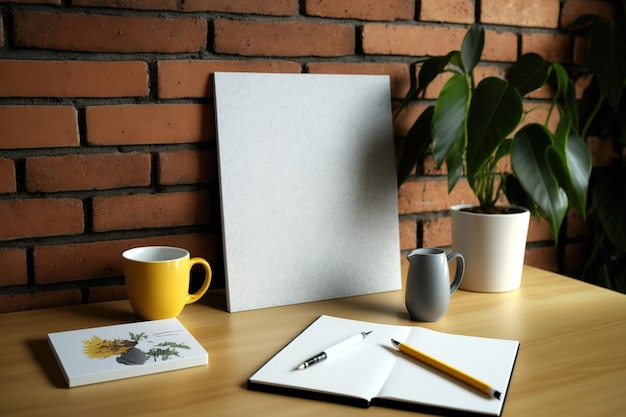Mesa elegante Placa e lápis de livro post-it e caneca de café na mesa com parede de tijolos