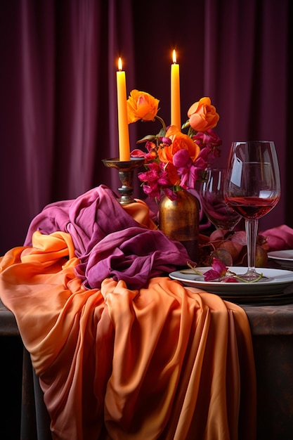 una mesa elegante con servilletas y velas