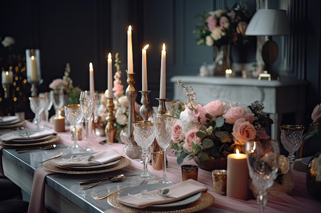 Mesa elegante con velas, flores y cubiertos Una mesa de comedor bellamente decorada con decoración de boda y centros de mesa Generado por IA