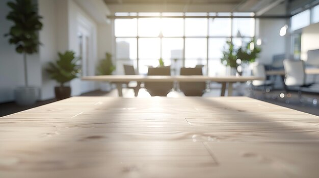 Mesa em branco feita de tábuas de madeira com escritório mobiliado contemporâneo leve em Bac AI generativa