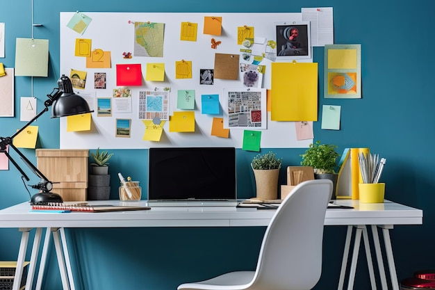 Foto mesa em um escritório com parede azul e adesivos coloridos conceito de local de trabalho remoto e home office incluindo espaço para cópia