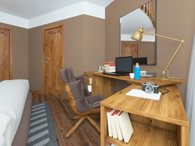 Foto mesa em um quarto moderno, madeira maciça com um anexo angular