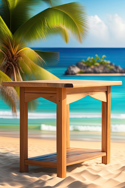 Mesa em uma praia tropical com fundo desfocado