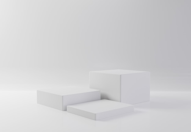 Mesa de escaparate de producto de cubo rectángulo blanco sobre fondo aislado. Concepto de geometría mínima abstracta. Plataforma de podio de estudio. Etapa de exposición y presentación comercial. Ilustración 3D render gráfico