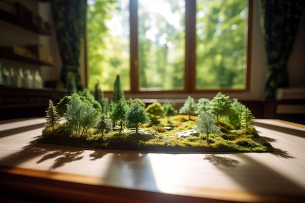 Una mesa con una escena del bosque y una ventana a través de la cual brilla el sol.