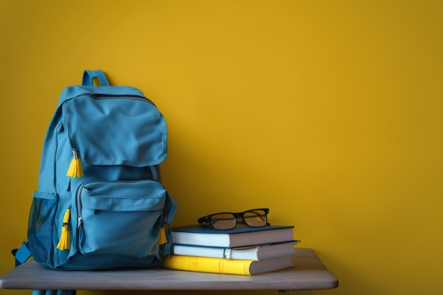Mesa escolar com bolsa amarela e acessório generativo ai