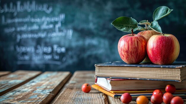 Mesa escolar conceito de volta às aulas com livros e maçãs e quadro-negro em segundo planoxA