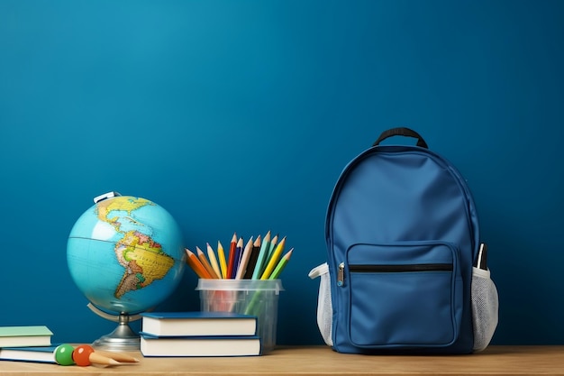 Mesa escolar de fundo azul com bolsa e acessórios educacionais IA generativa