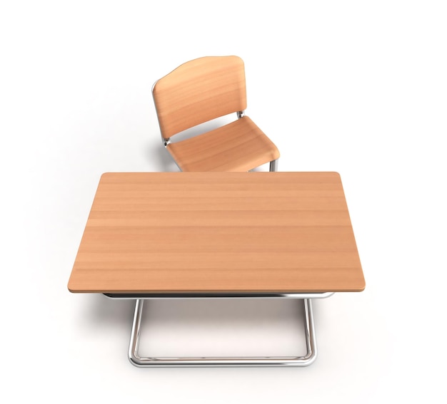 Mesa escolar e cadeira renderização 3d em fundo branco