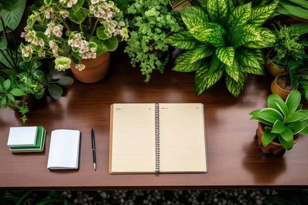 Foto mesa de escritorio con cuadernos, suministros y plantas de interior