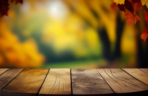 Mesa de escritorio de madera vacía abstracta con espacio de copia sobre árboles de otoño pantalla de fondo borroso