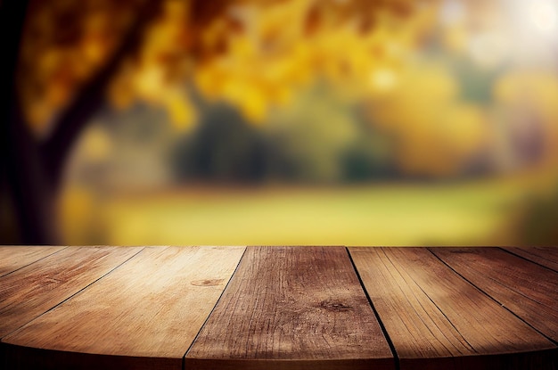 Mesa de escritorio de madera vacía abstracta con espacio de copia sobre fondo borroso de árboles de otoño