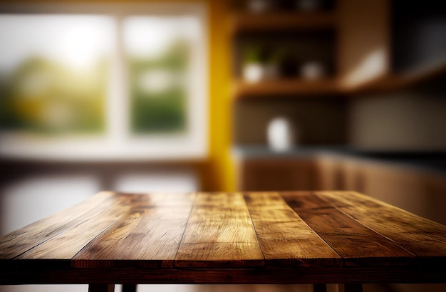 Mesa de escritorio de madera vacía abstracta con espacio para copiar sobre el interior de la cocina moderna y la pantalla de fondo borroso de la ventana para el montaje del producto