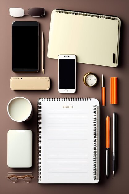 Mesa de escritorio de oficina beige con pantalla de teléfono inteligente teclado de computadora de portátil en blanco y otros escritorios