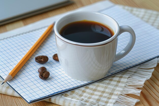 Mesa de escritorio de tiro de ángulo alto con taza de café de cuaderno de lápiz Espacio en el lado izquierdo