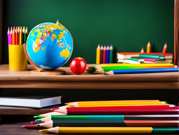 Una mesa de la escuela con lápices de colores lápices un mundo bola libros de la escuela y en el fondo un ou
