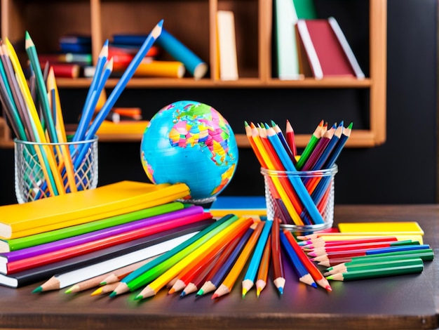 Una mesa de la escuela con lápices de colores lápices un mundo bola libros de la escuela y en el fondo un ou