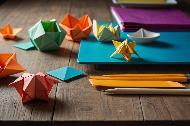 Foto una mesa de la escuela con papel origami y formas plegadas