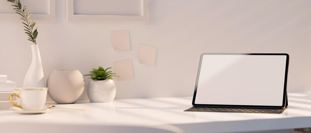 Mesa de espacio de trabajo blanca brillante moderna de primer plano con decoraciones de maqueta de tableta y representación 3d de espacio de copia