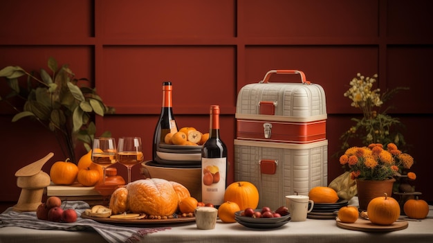 La mesa está cubierta de naranjas y botellas de vino
