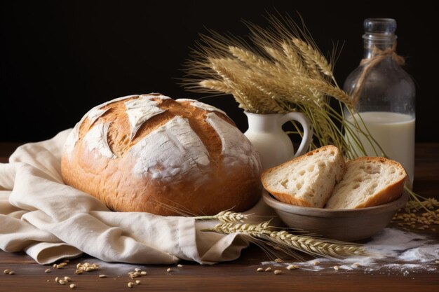 La mesa está decorada con pan blanco recién horneado y paquetes de trigo pan casero