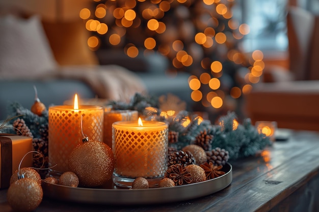 Una mesa está decorada con velas y adornos, incluido un árbol de Navidad