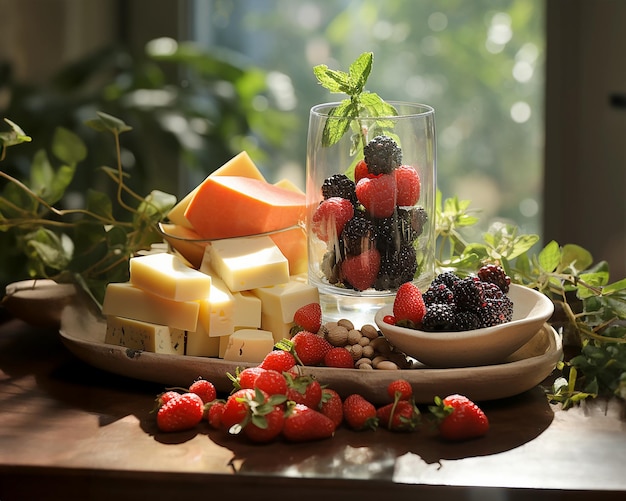 La mesa está hermosa y ricamente decorada con delicias y frutas una ilustración de la abundancia y las alegrías de la vida creada con IA