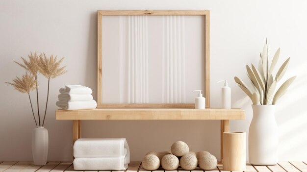 Mesa estilo kei para salão de beleza serena com moldura de bambu e cores neutras