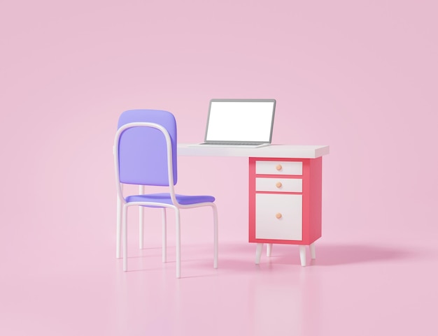 Mesa de estilo minimalista con silla y pantalla blanca de cuaderno sobre fondo rosa pastel trabajo desde el concepto de hogar estadística de crecimiento de inversión empresarial financiera ilustración de renderizado 3d