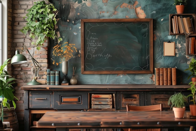 Mesa de estudiantes frente a la pizarra con estanterías y plantas de interior por generativo Ai