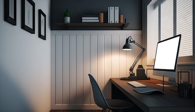 Mesa de estudio de madera con computadora de escritorio en una habitación moderna IA generativa