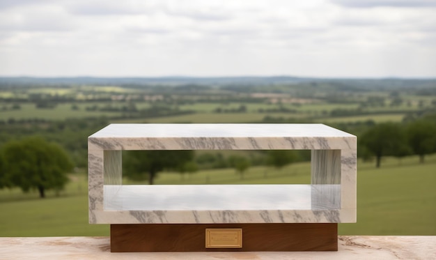 Una mesa de exhibición de mármol con una vista del campo al fondo.