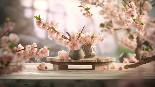 Mesa de exhibición de productos con fondo de flores de primavera IA generativa