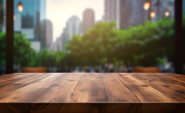 Mesa para la exhibición de productos con fondo interior de cafetería o restaurante